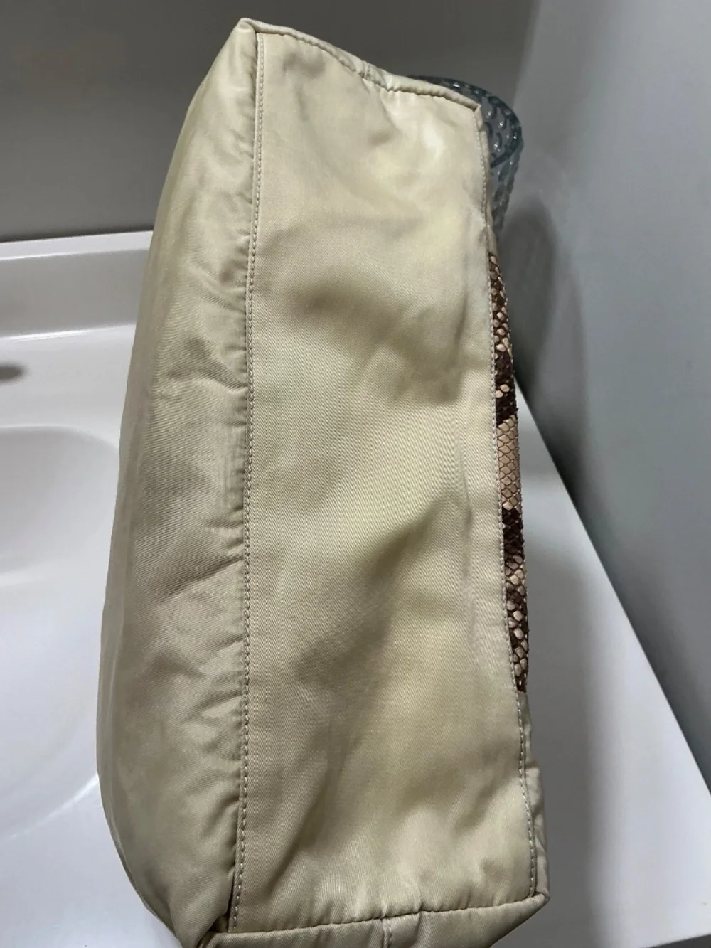 Prada beige nylon shoulder bag with genuine python accents